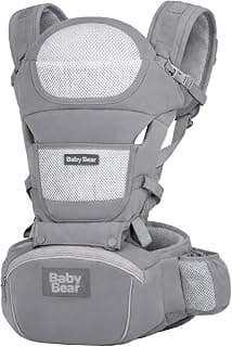 Bolsa Canguru Ergonômica Premium Baby Bear 3 em 1 | Assento Acolchoado| 12 posições | Alças Reguláveis | Bolsos Frontais e Laterais (Cinza)