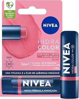 NIVEA Hidratante Labial Hidra Color 3 em 1 Rosé 4,8g, Cor Intensa, Hidratação 24h, Proteção UVA/UVB, Lábios e Bochechas
