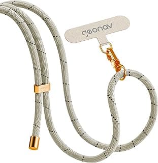 Geonav Cordão de pescoço universal para celular, encaixa em todas os modelos de capinhas, alça ajustável, 1.6 m, lavável, poliéster, evita quedas, CDUM04, cru com cinza